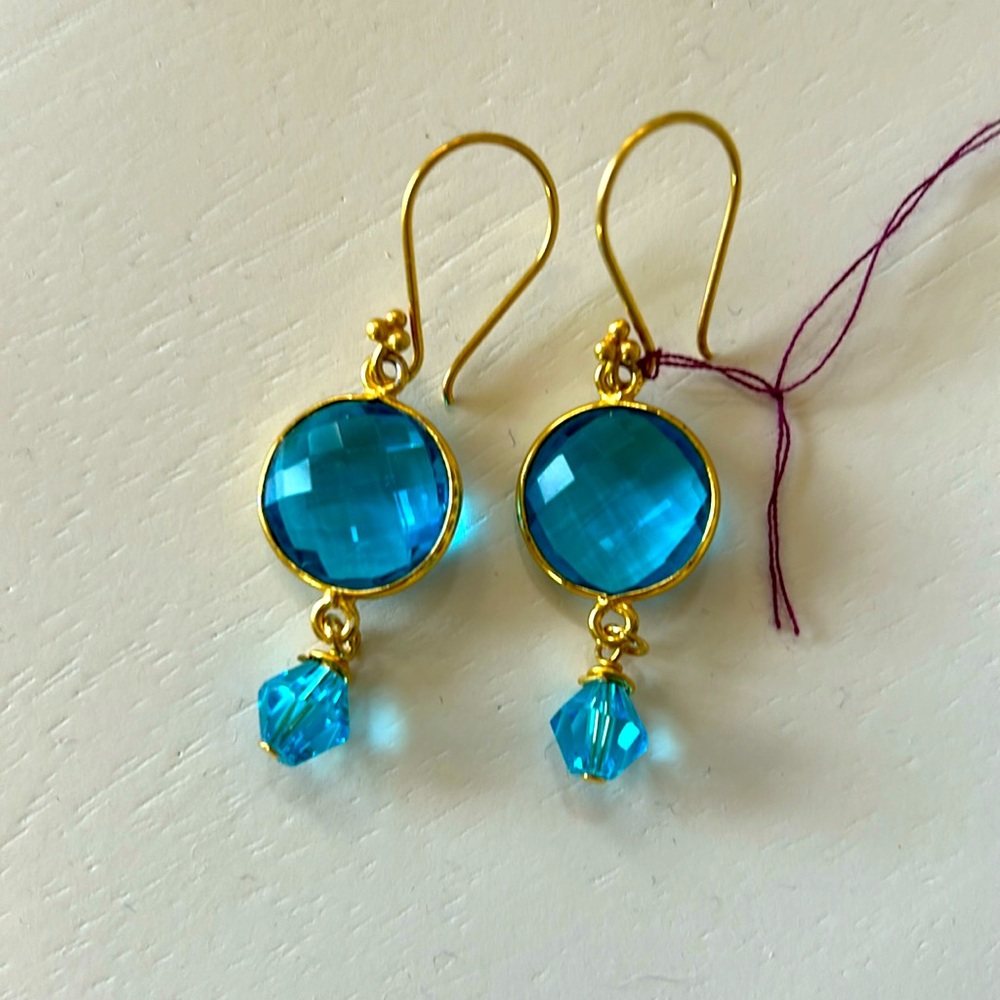 Swarovski Crystal Dangle Vermeil Gold Earrings turquoise color NWT